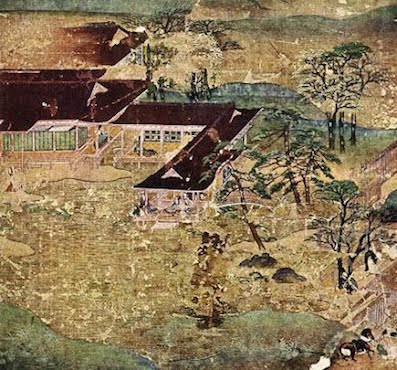 Typical shinden style estate (Heian-Time), with the pond south of the main hall and the stream flowing into the property from the north-east, Tokyo Metropolitan Art Museum Typical shinden style estate (Heian-Time), with the pond south of the main hall and the stream flowing into the property from the north-east, Tokyo Metropolitan Art Museum